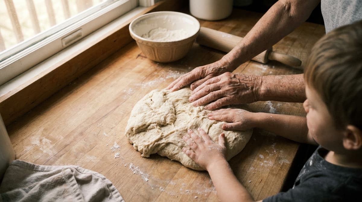 Grandparent's and young child's hands kneading dough together on a floured wooden counter