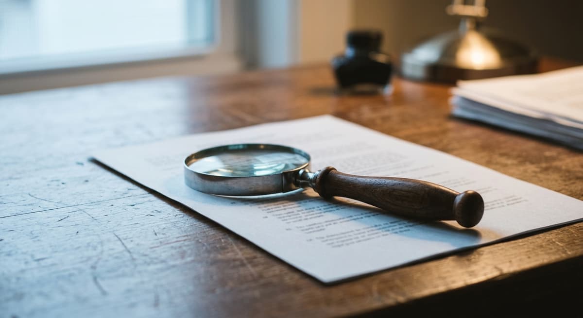 a magnifying glass resting on a printed legal document on a desk