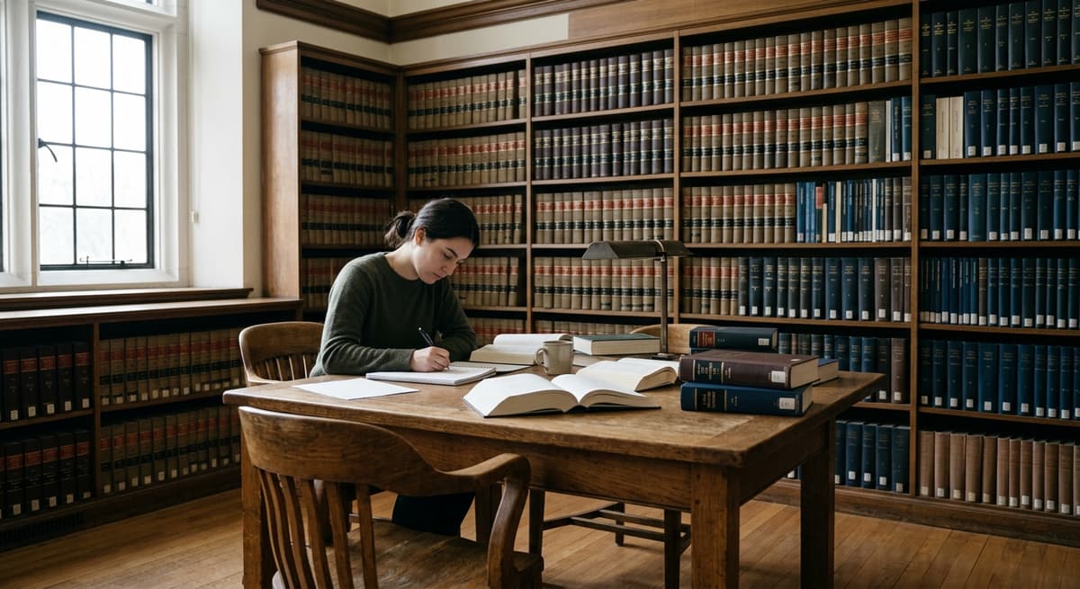 library reading room with rows of law books and a wooden desk