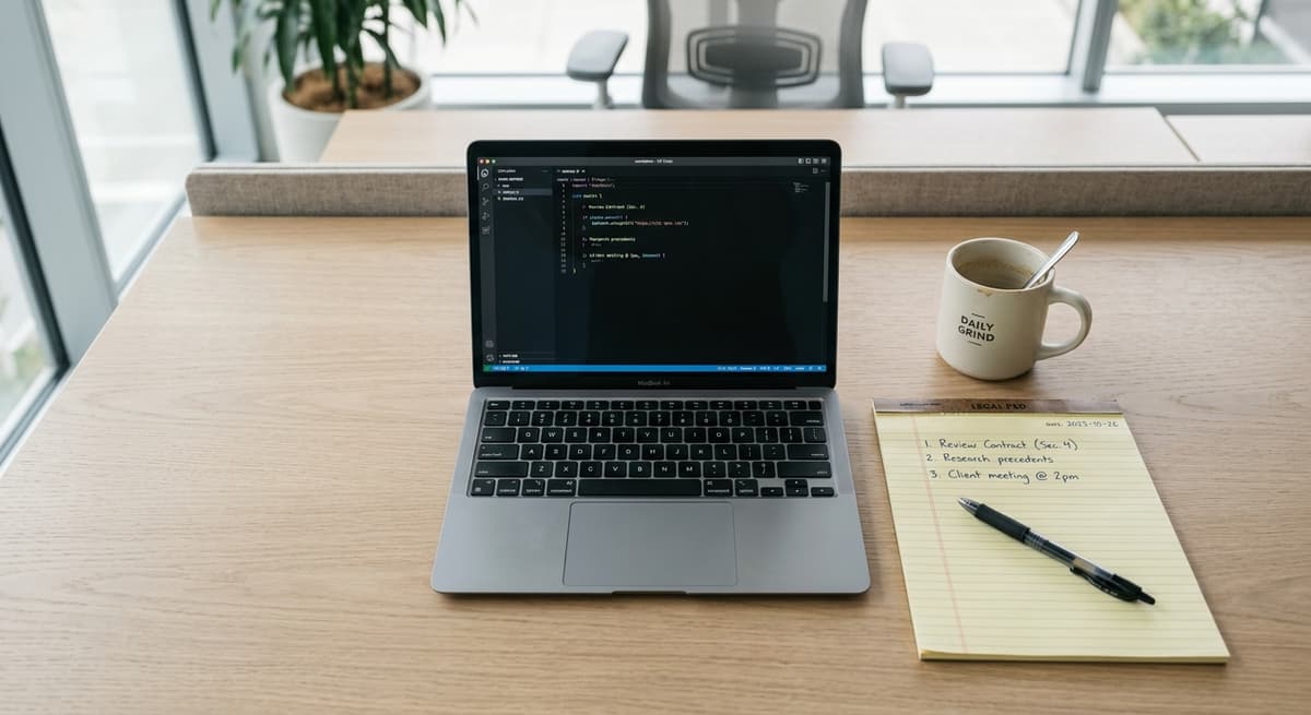 clean desk with a laptop, legal pad, and coffee mug in a modern office