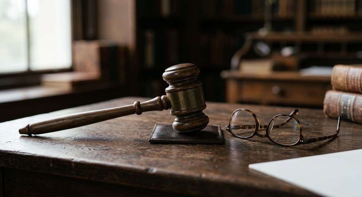 gavel resting next to reading glasses on a dark surface