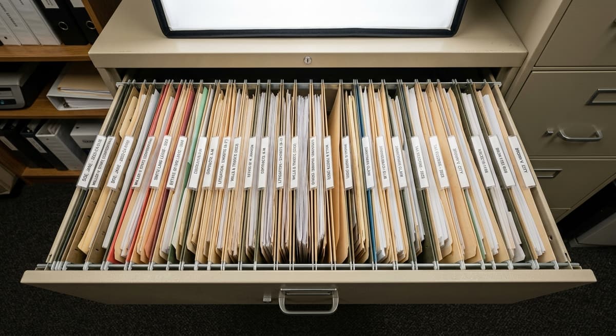 filing cabinet with organized legal folders
