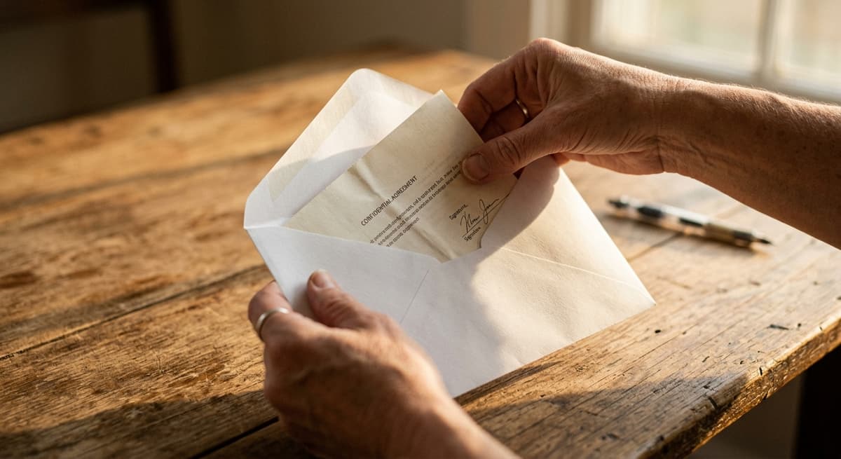 hands placing a document into a white envelope
