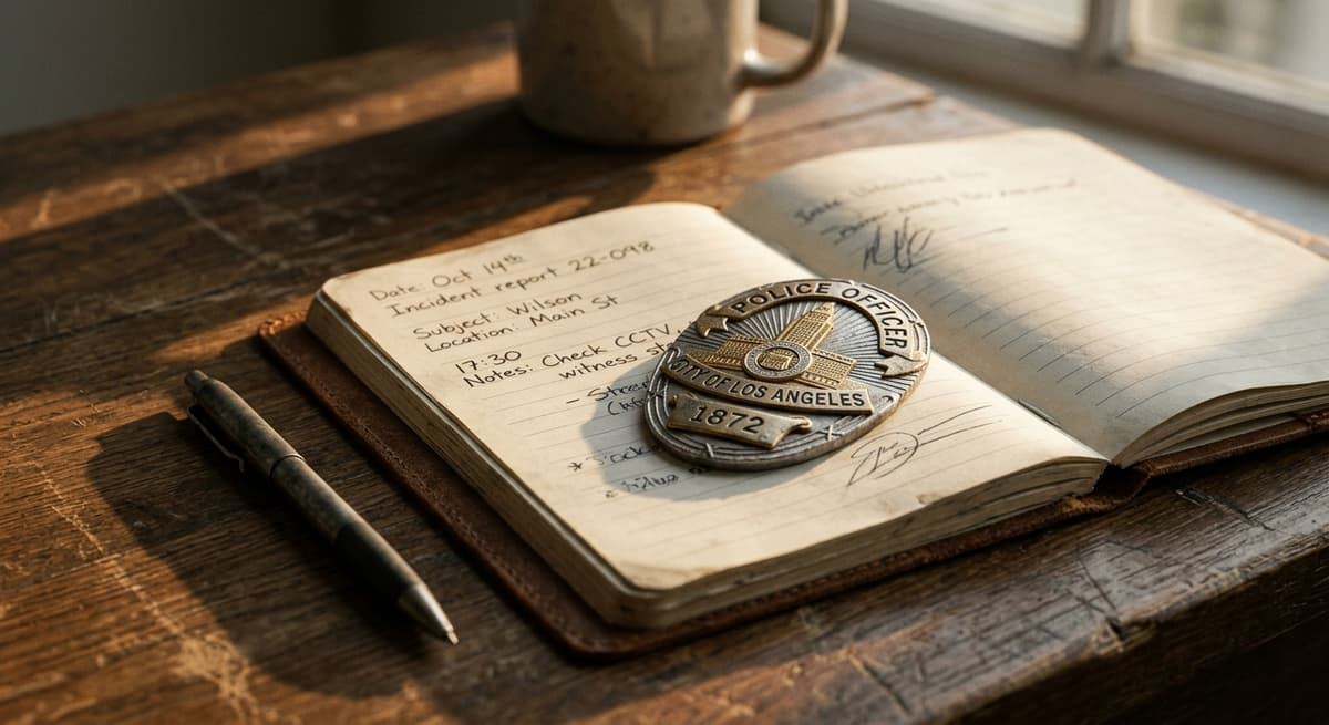 police badge resting on a notebook