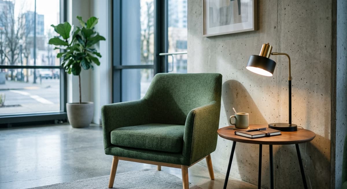 modern office reception area with a single chair and small table