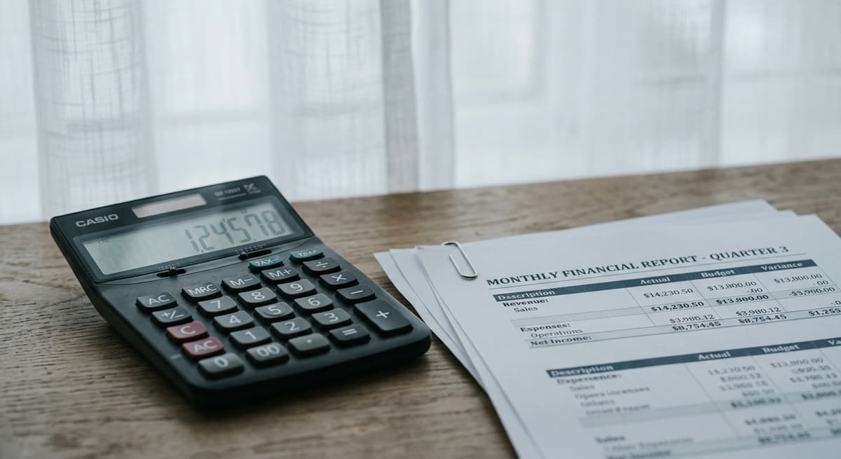 calculator beside printed financial statements on a desk