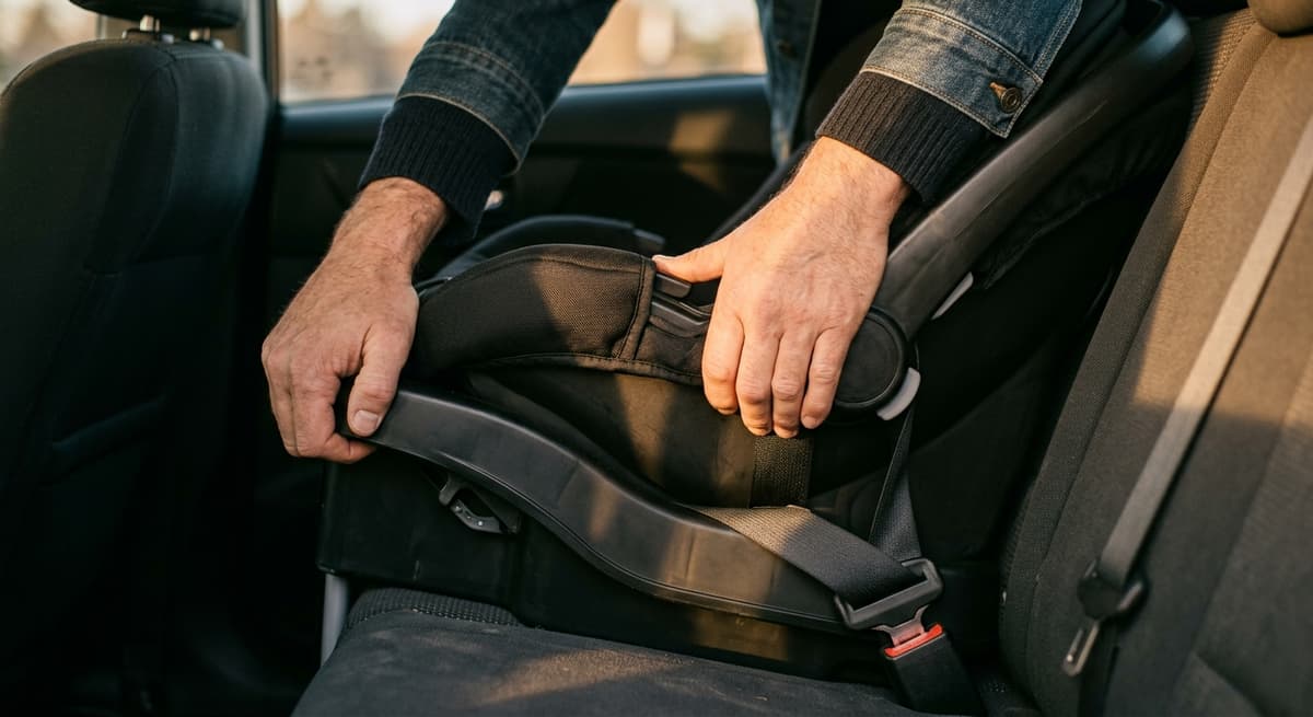 Two hands pressing down to tighten a car seat into the back seat, cropped, no face