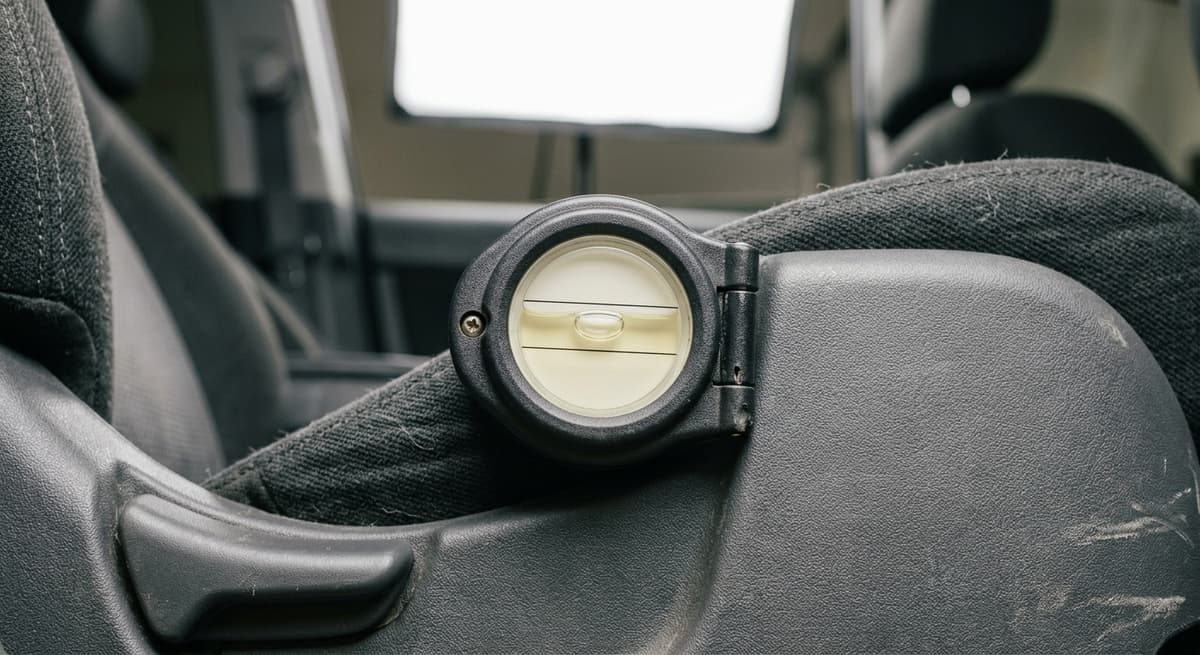 Un indicador de nivel de burbuja para el ángulo de reclinación en el costado de un asiento de auto, esfera en blanco