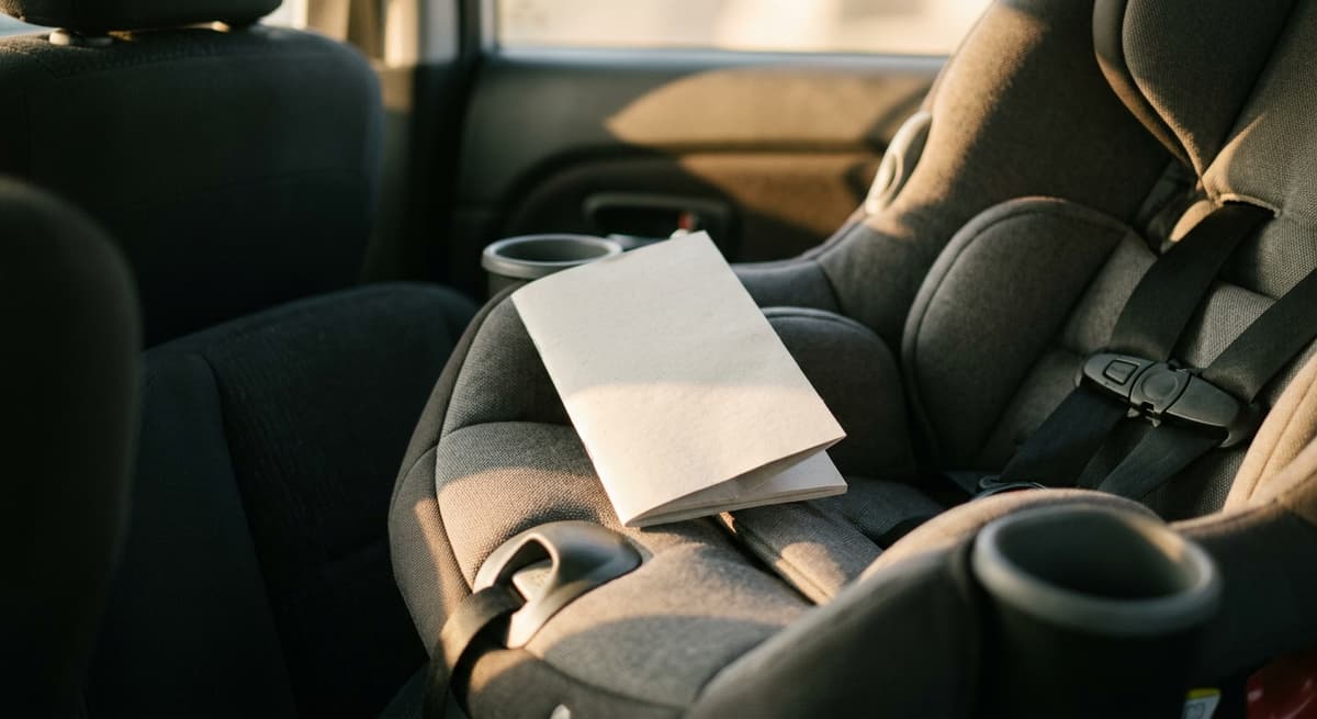 Un folleto de instrucciones en blanco doblado sobre un asiento de auto para niños