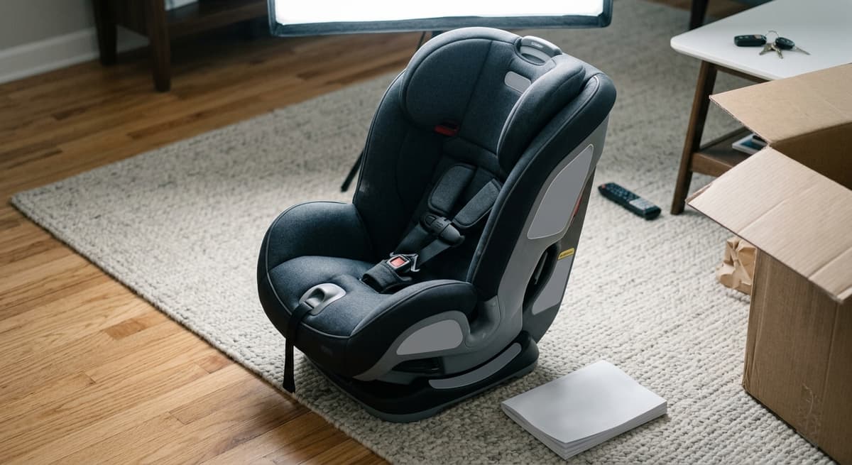 a convertible car seat sitting on a living room floor before installation