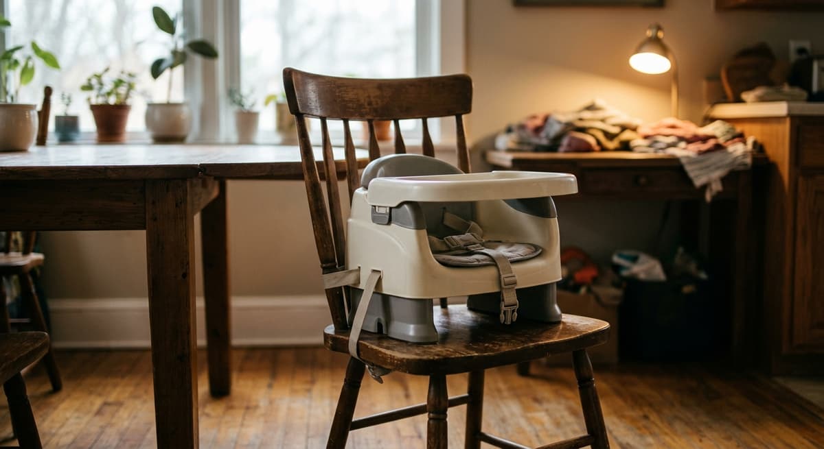 Un asiento elevador vacío sobre una silla de cocina, luz natural suave