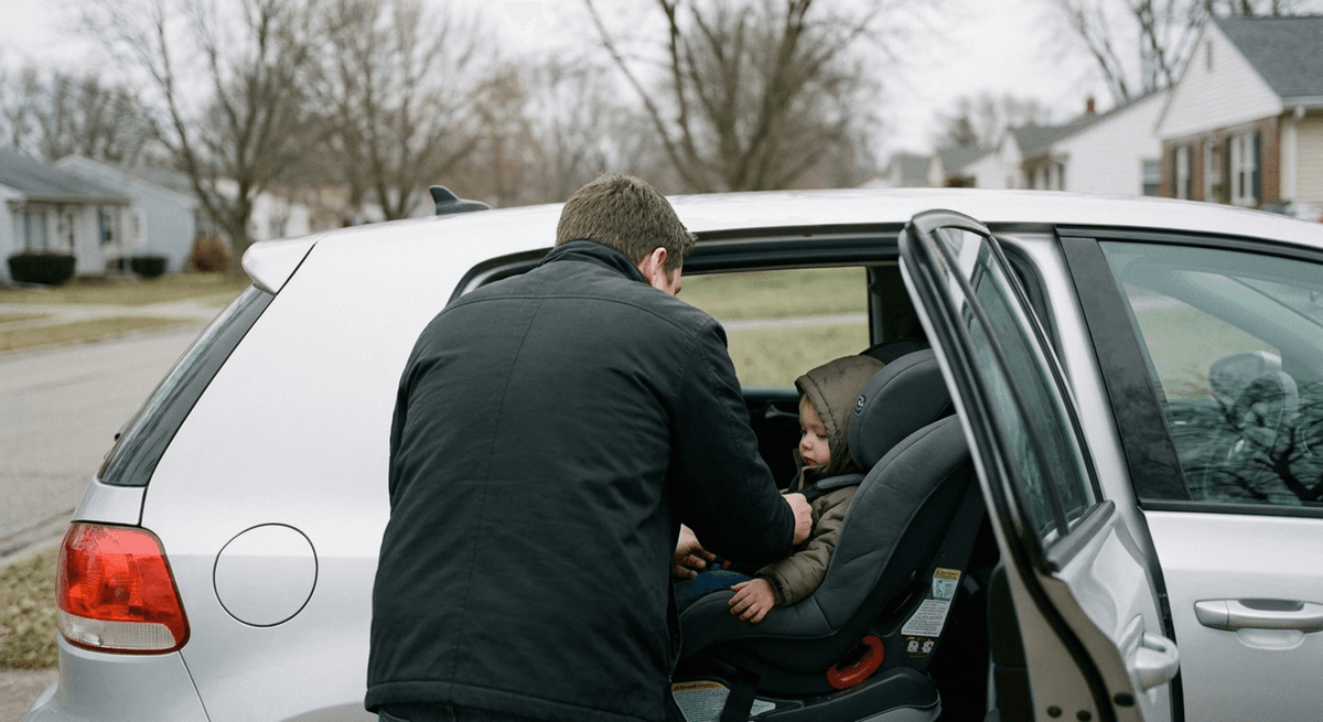 Parent leaning into a silver hatchback to buckle a toddler into a rear-facing child seat