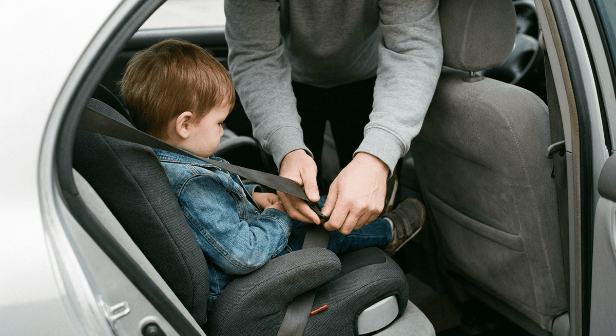 A parent buckles a seat belt across a child sitting in a booster seat in the back of a car