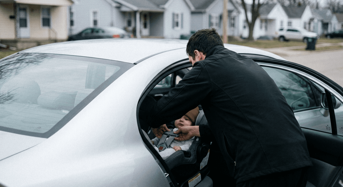 Parent buckling a baby into a rear-facing car seat through the open door of a silver sedan