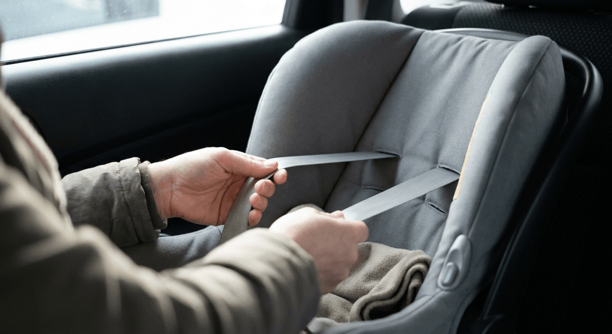 Parent hands adjusting the harness straps of a rear-facing infant car seat