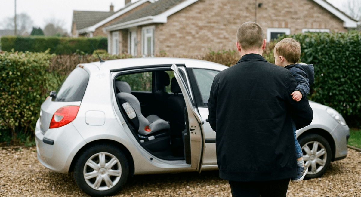 Parent carrying a toddler toward a silver hatchback with a child seat visible in the back