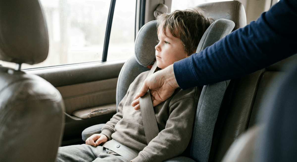 Adult hand checking the shoulder belt across a child in a booster seat in a car