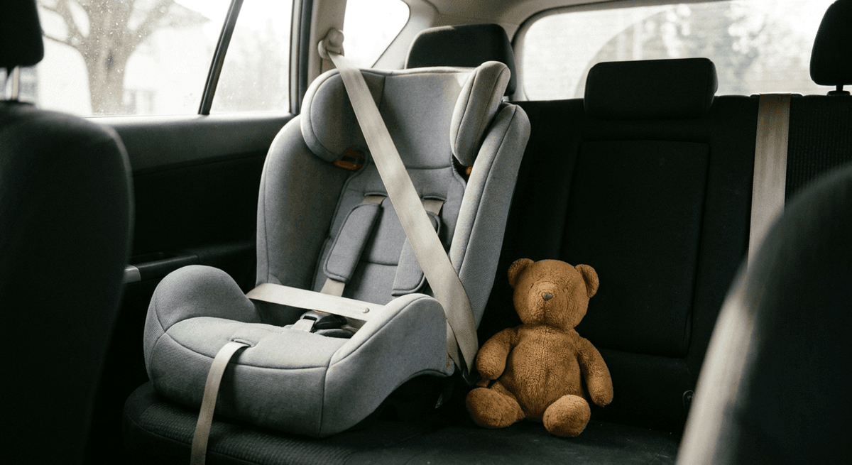 Empty child car seat belted into a back seat with a teddy bear beside it