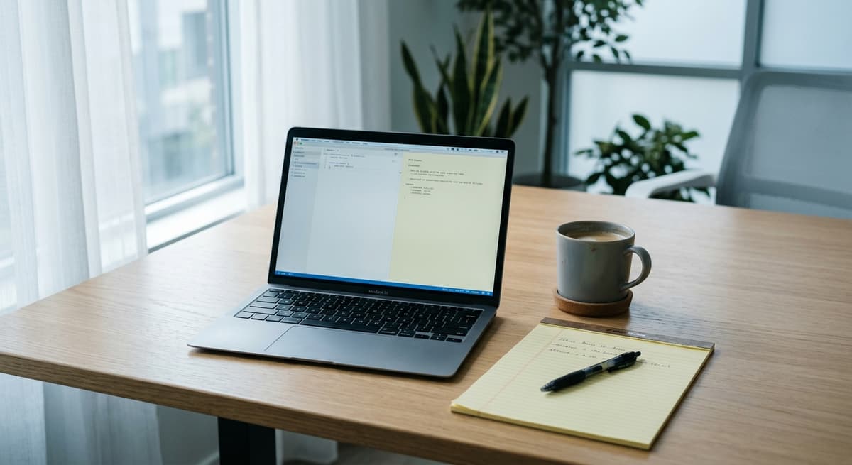 clean desk with a laptop, legal pad, and coffee mug in a modern office