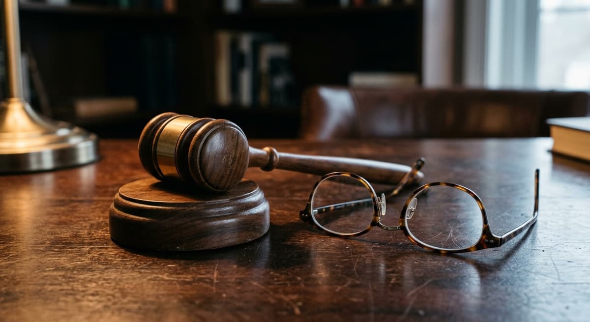 gavel resting next to reading glasses on a dark surface