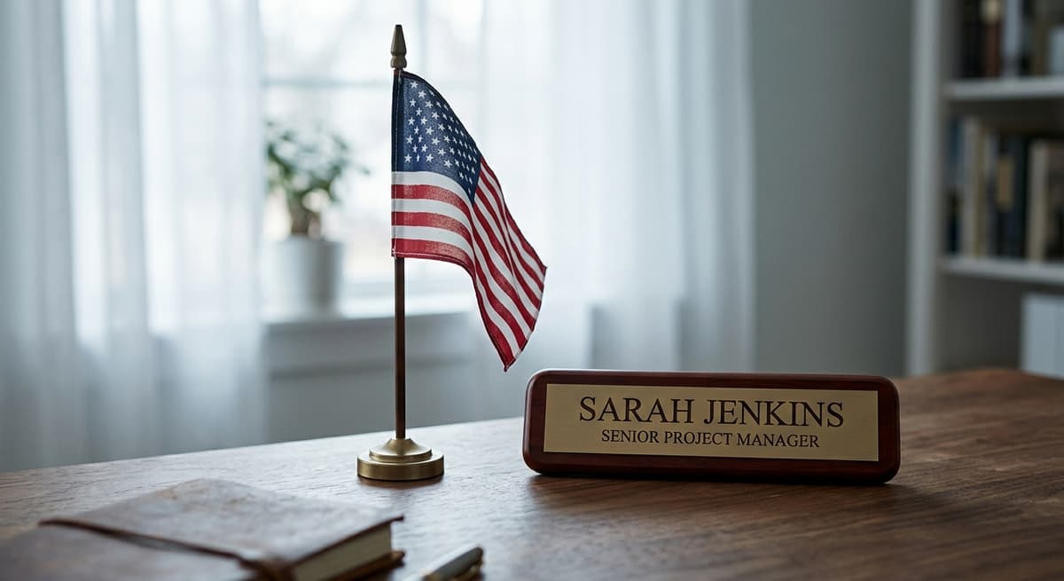 small American flag standing on a desk beside a nameplate