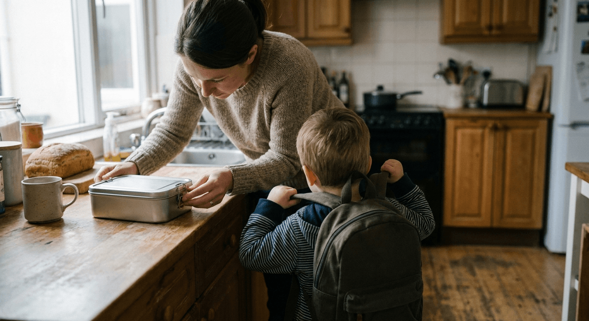 una madre prepara una lonchera metálica en la cocina mientras su hijo se pone una mochila