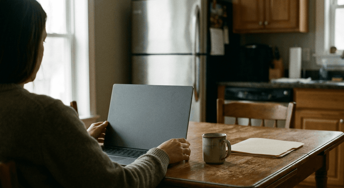 Pei clean desk with a laptop, legal pad, and coffee mug in a modern office