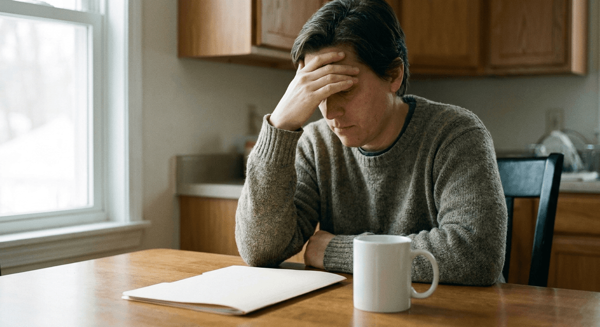 Madre o padre con la mano en la frente en una mesa de cocina con una carpeta cerrada y una taza
