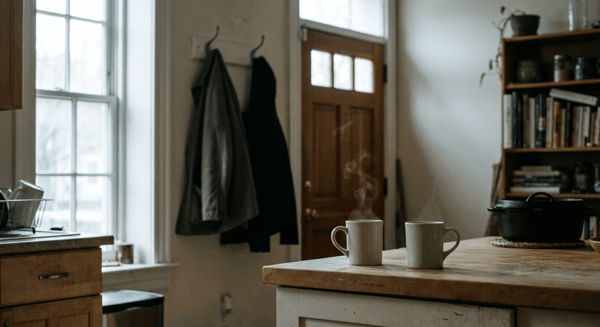 two steaming ceramic mugs on a kitchen counter with two jackets hanging on wall hooks by the door