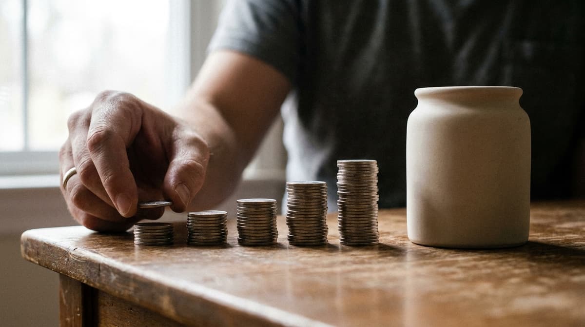 A hand adds a coin to the shortest of five rising stacks of coins beside a ceramic jar on a wooden table