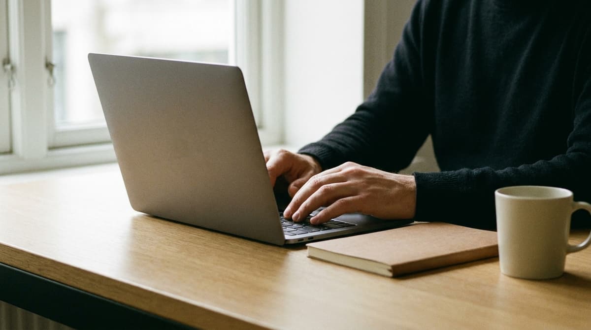 An adult's hands type on a plain grey laptop at a home desk with a notebook and mug, screen facing away