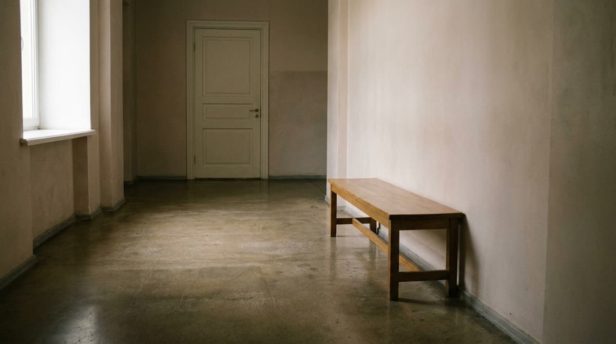 A quiet corridor with a single wooden bench and a closed panelled door at the end