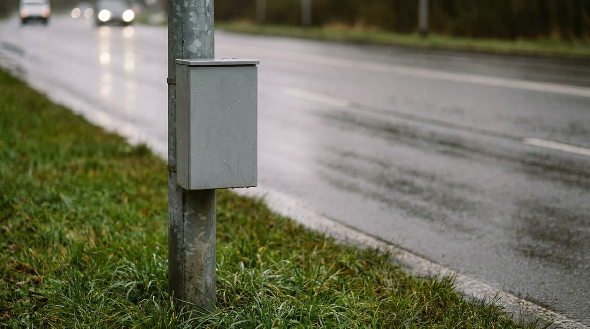 A plain grey metal box on a steel pole beside a wet road with distant blurred headlights