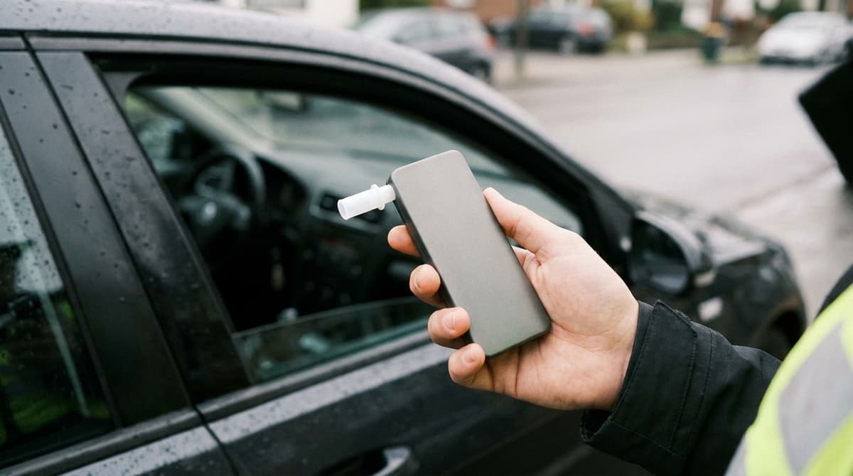 A hand holds a plain grey handheld breath-test device with a white mouthpiece beside a car window