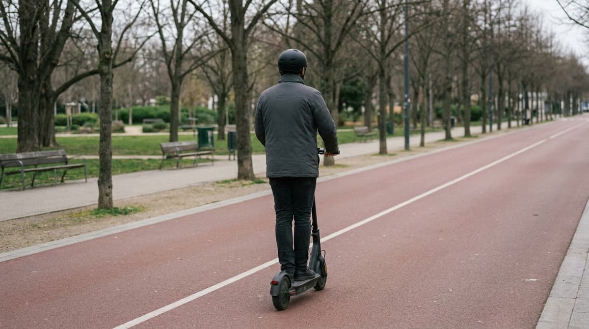 A helmeted rider on a black electric scooter on a red shared path, left of the white line