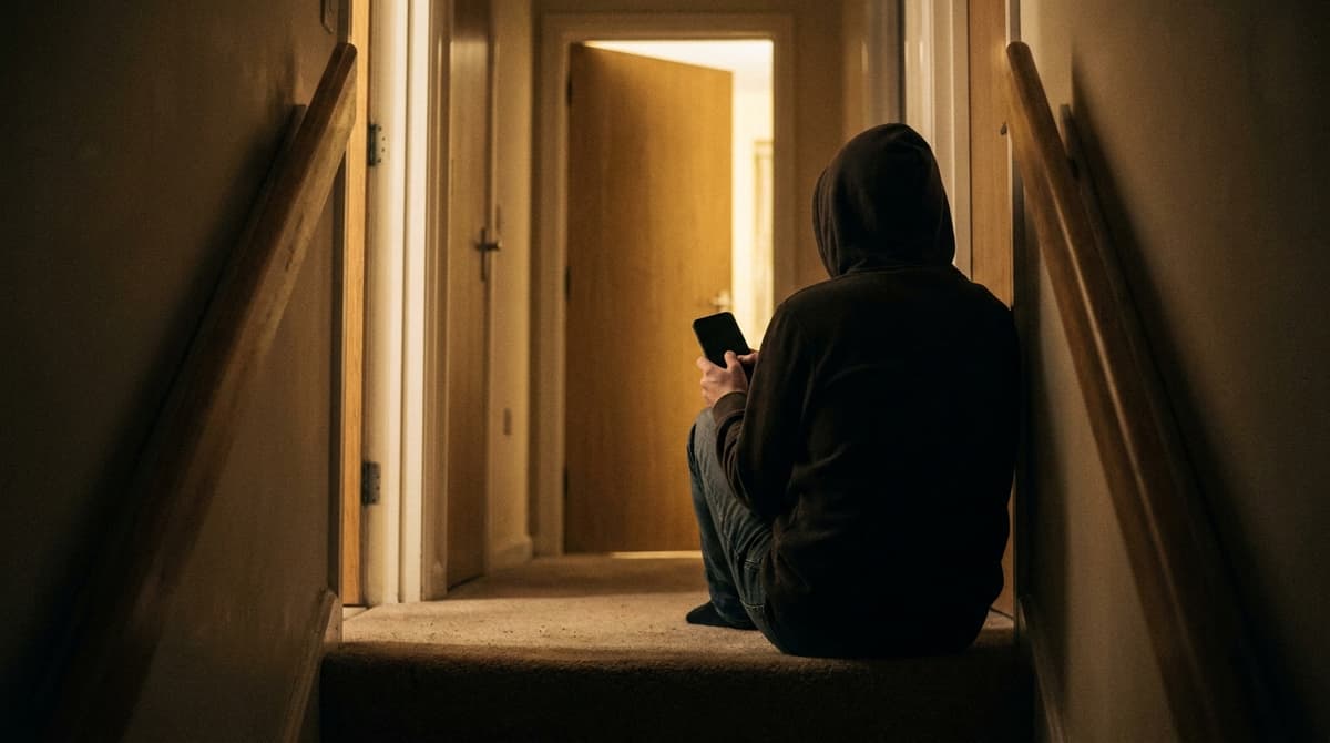 A hooded person sits on the carpeted stairs of a dim home hallway at night holding a phone