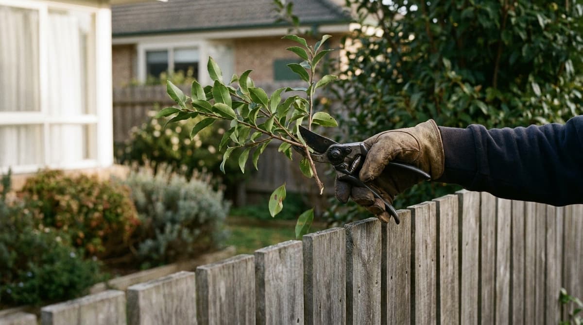 A gloved hand with secateurs cuts a leafy branch overhanging a timber fence