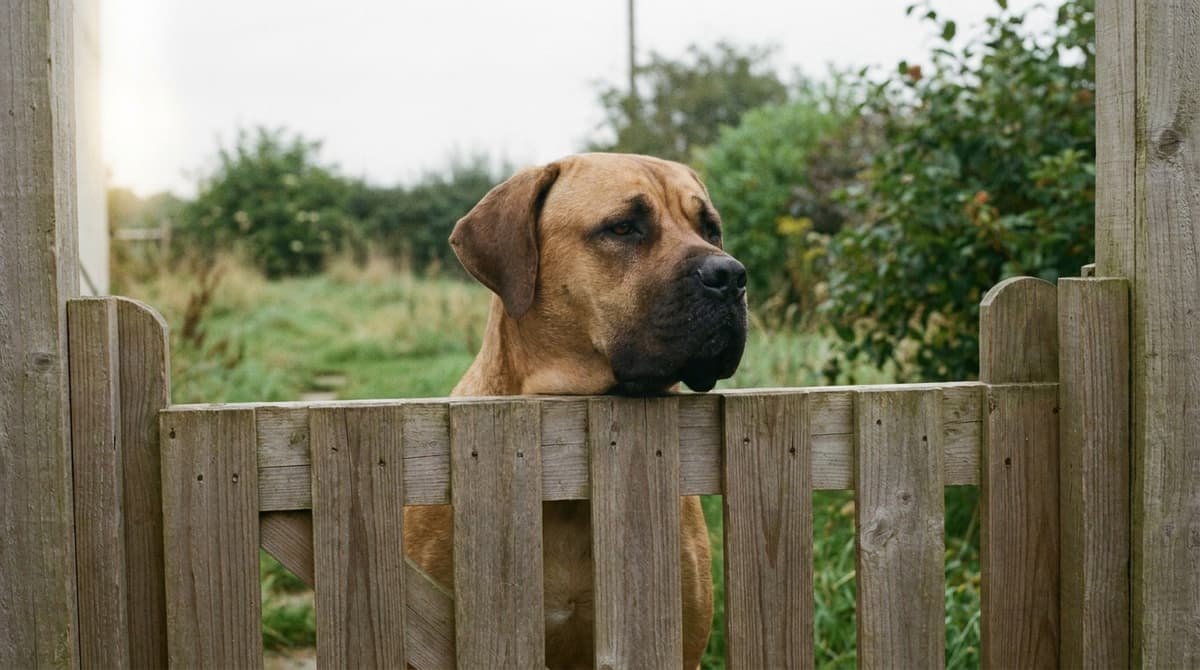 A large tan short-coated dog rests its chin on a closed timber garden gate