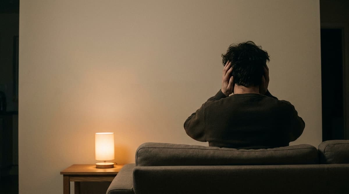 A person seen from behind sits on a sofa at night with both hands pressed over their ears beside a lit lamp