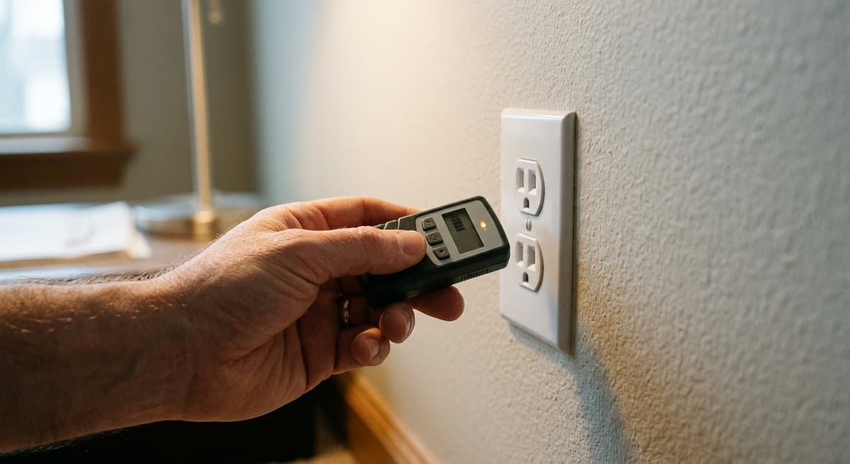 A hand holding a small RF detector against a wall outlet while sweeping a room for hidden listening devices