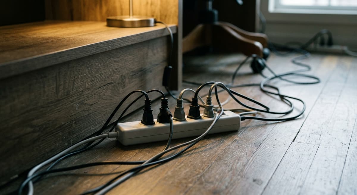 A power strip on the floor behind a desk with several plugs and trailing cables