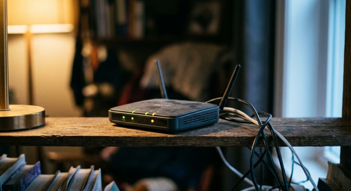 A home wireless router on a shelf with cables and glowing indicator lights