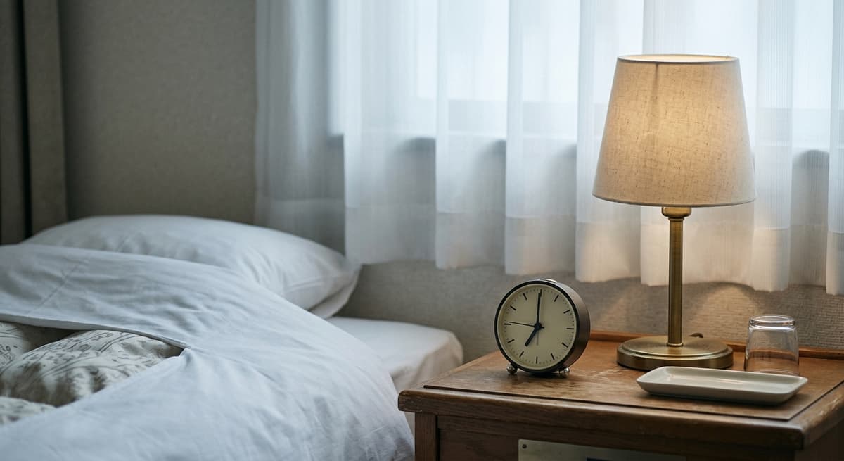 A hotel nightstand with an alarm clock and lamp beside a made bed