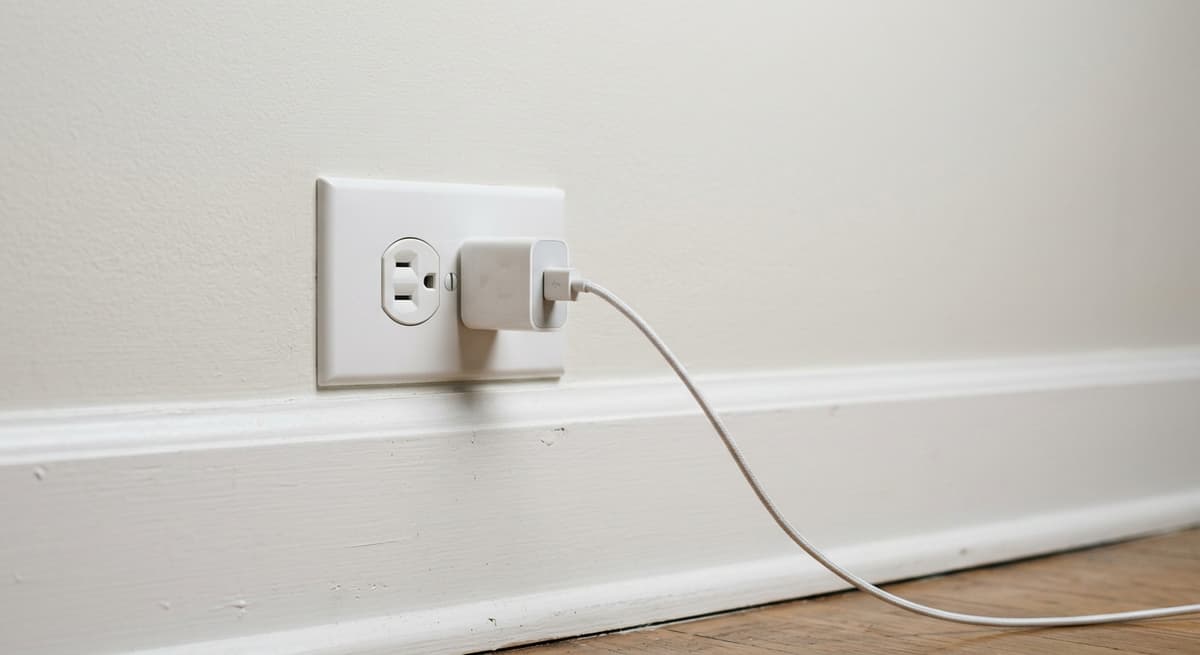 A white USB wall charger plugged into a baseboard outlet