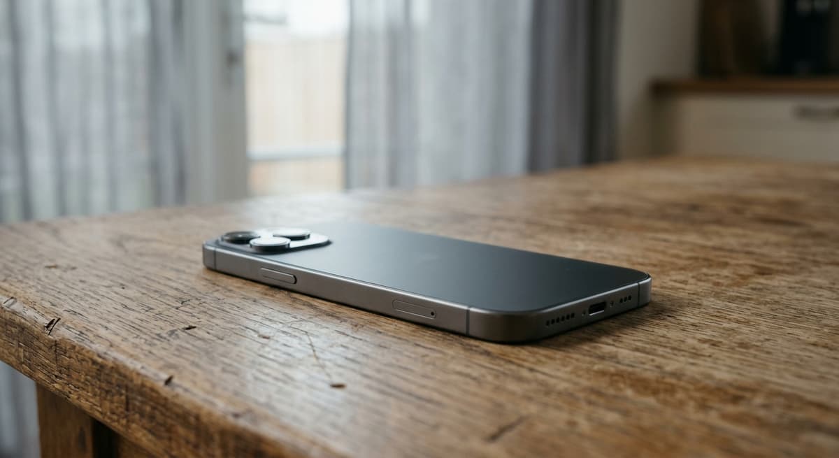 A smartphone lying on a wooden table in an empty room