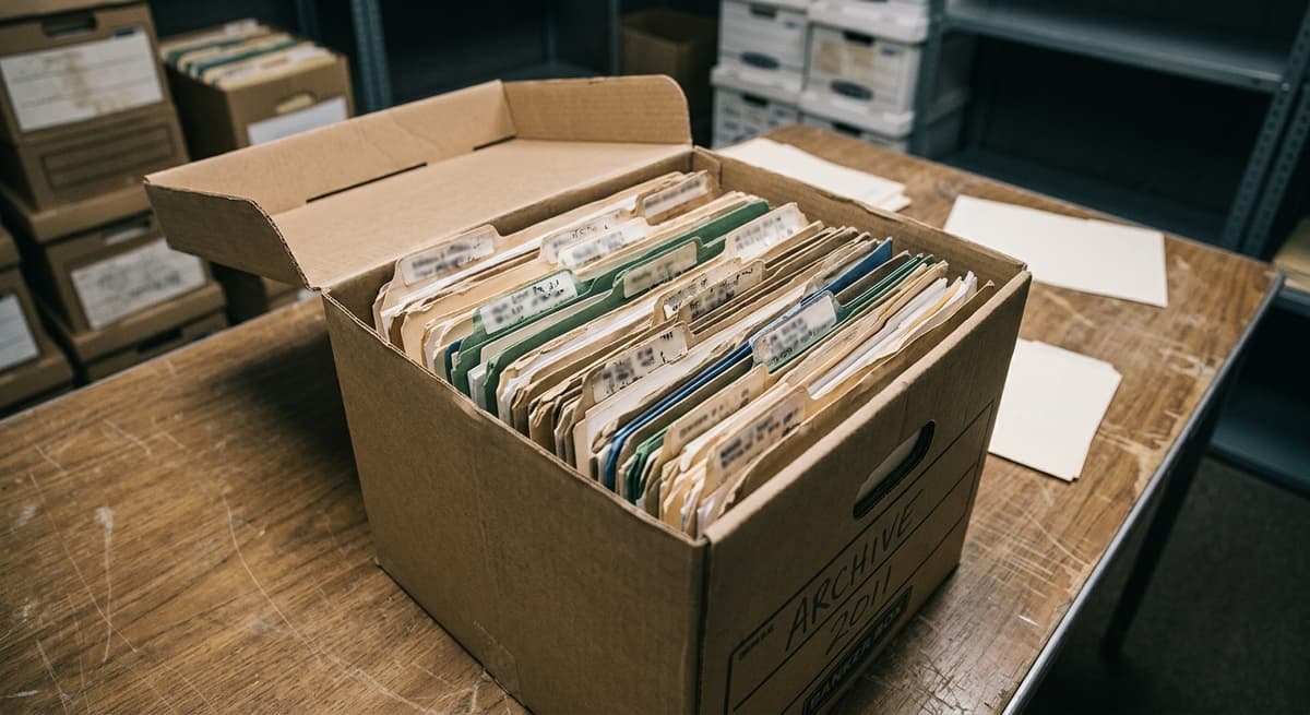 Shelves of archived paper records in a government records room