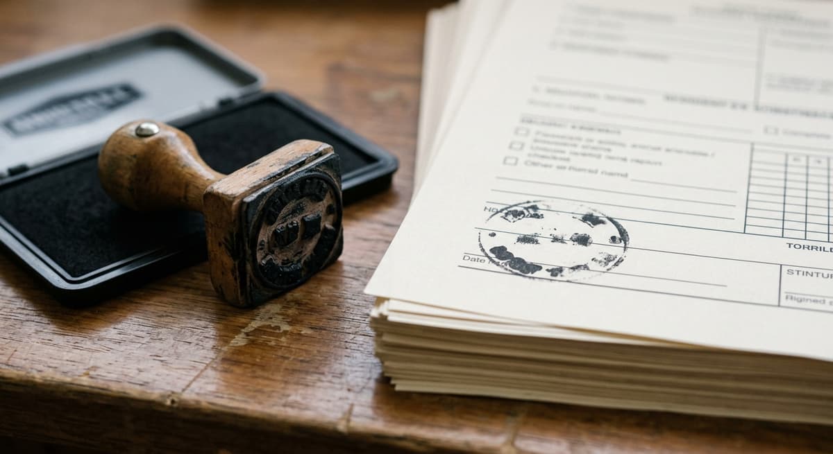 a date-received rubber stamp and ink pad beside a stack of stamped court forms, tight crop