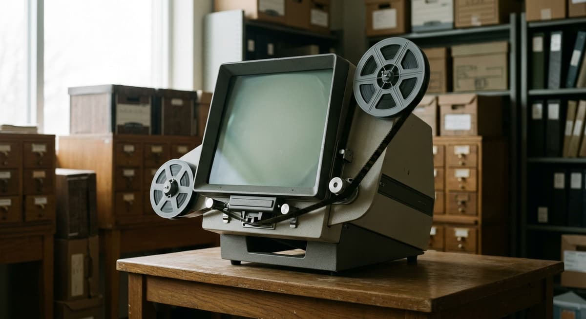 a microfilm reader machine in a records room with a spool loaded