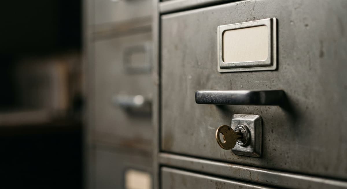 a locked metal filing cabinet drawer labeled with a blank tab, small key in the lock, shallow focus