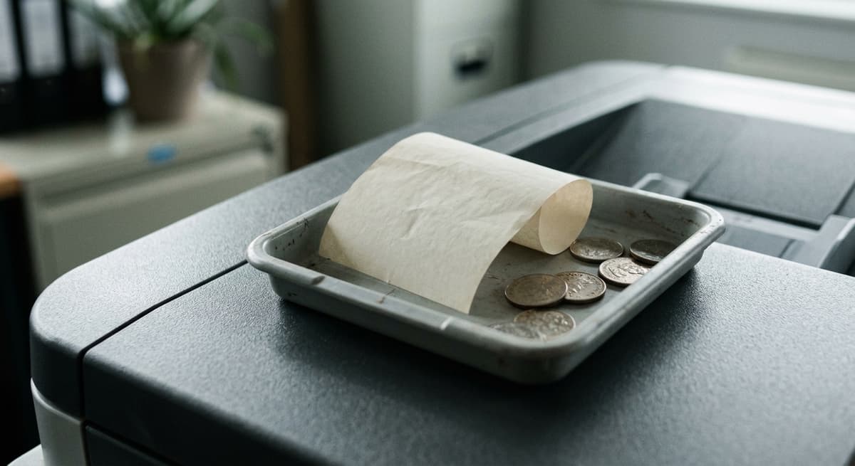 a printed receipt and a few coins in a small tray on a copy machine in an office corner